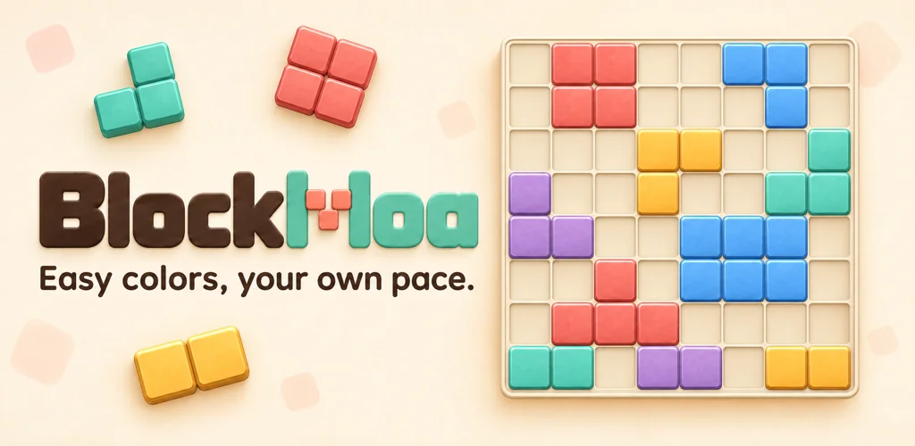 BlockMoa key art — the BlockMoa logo and the line "Easy colors, your own pace." beside an 8×8 puzzle board with colorful blocks