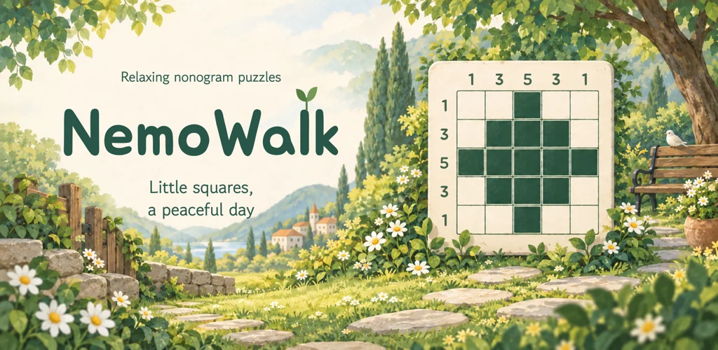 NemoWalk key art — the title "NemoWalk" and the line "Little squares, a peaceful day" beside a 5×5 nonogram board filled in a diamond shape, standing in a garden with daisies and stepping stones