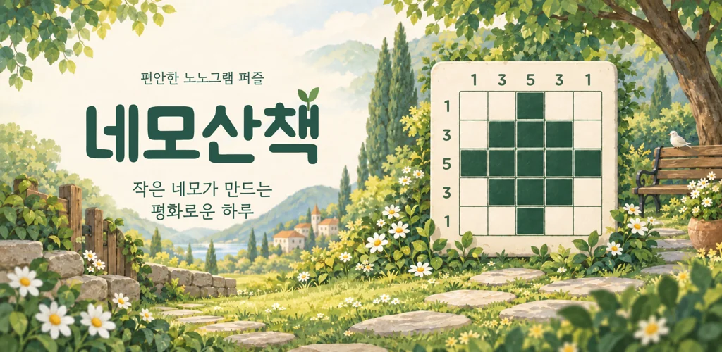 네모산책 키 아트 — "네모산책" 제목과 "작은 네모가 만드는 평화로운 하루" 문구 옆, 데이지와 징검돌이 있는 정원에 선 5×5 노노그램 보드에 마름모 모양이 채워진 모습