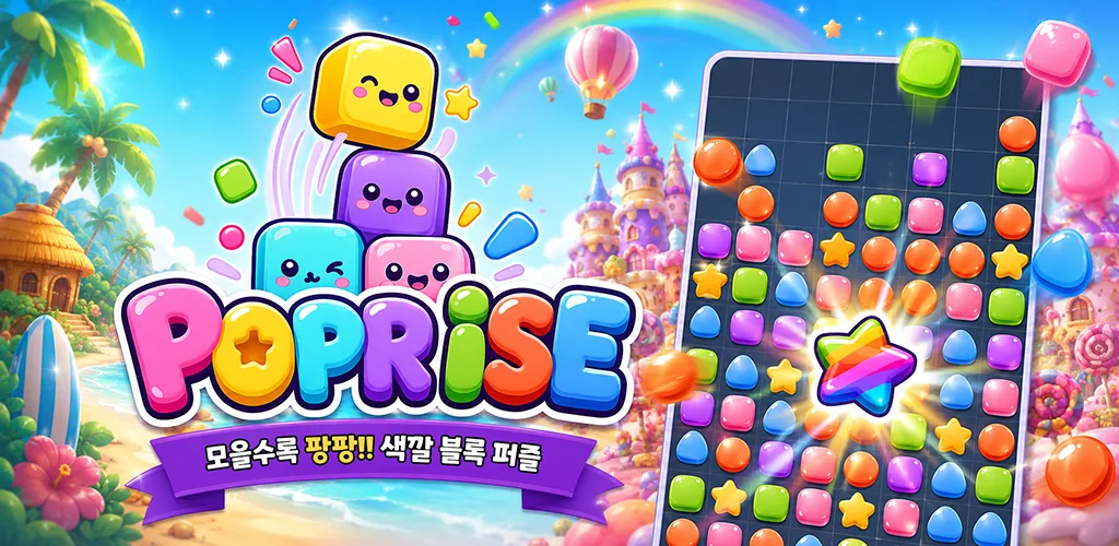 PopRise 키 아트 — 웃는 얼굴의 블록 캐릭터와 색색의 블록이 채워진 퍼즐 보드