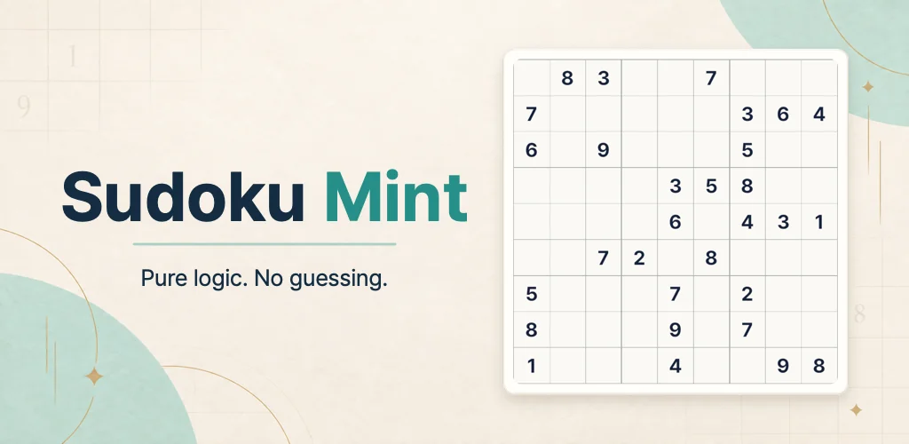 Sudoku Mint key art — the title "Sudoku Mint" and the line "Pure logic. No guessing." beside a partly filled 9×9 sudoku board