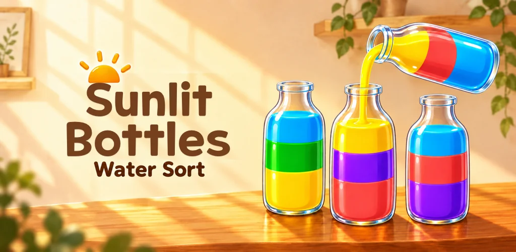 Sunlit Bottles key art — the title "Sunlit Bottles" under a little sun and the line "Water Sort" beside a sunny wooden shelf, where a tilted bottle pours yellow water into glass bottles filled with layers of color