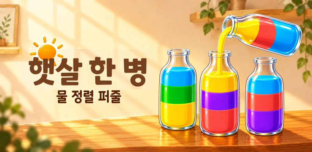 햇살 한 병 키 아트 — 해 그림이 얹힌 "햇살 한 병" 제목과 "물 정렬 퍼즐" 문구 옆, 햇살 드는 나무 선반 위에서 기울인 병이 색색의 물이 층층이 담긴 유리병에 노란 물을 붓는 모습